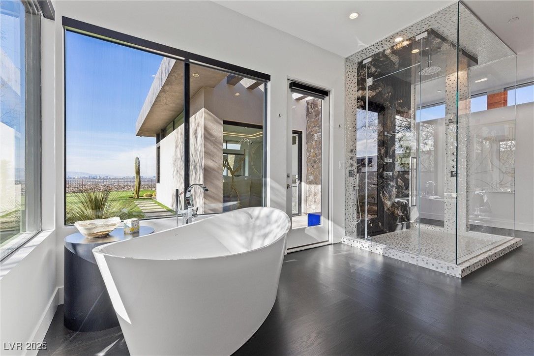 Bathroom, Free Standing Baths, Glass Shower, Interior, Recessed Lighting, Wood Texture Flooring