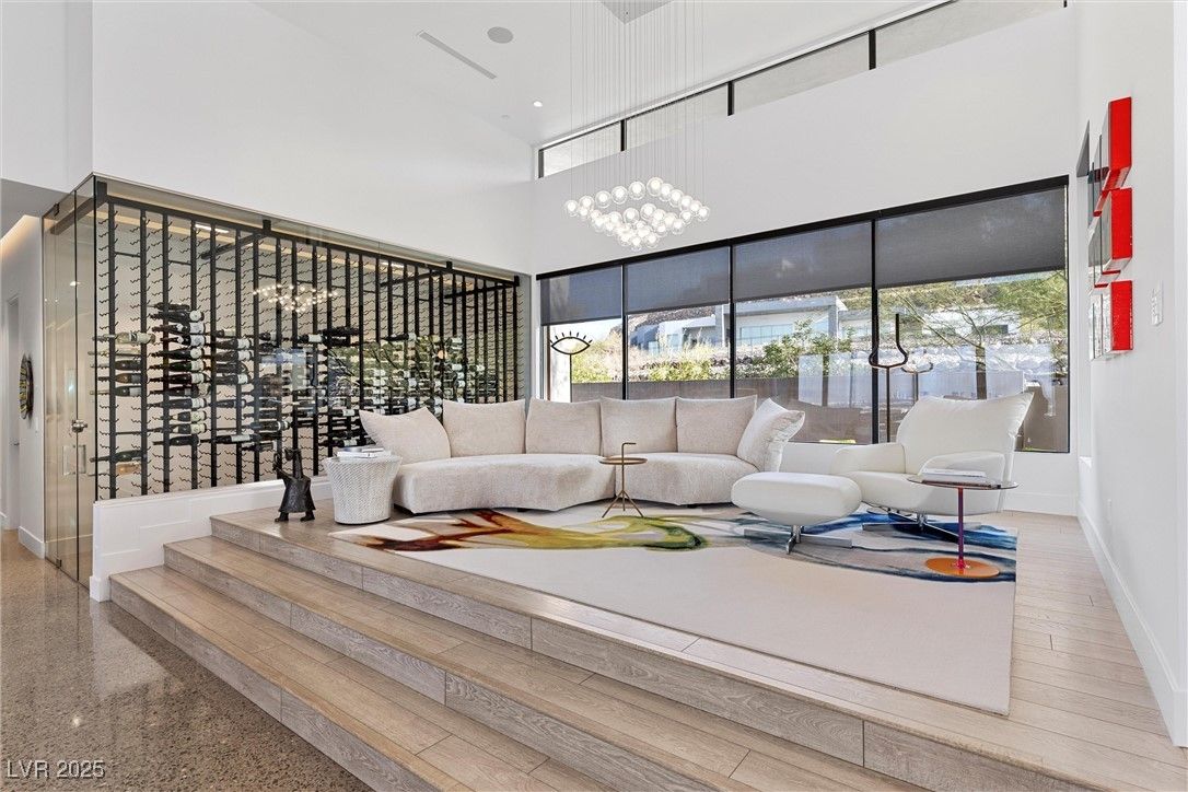 Interior, Living room, Pendant Lights, Recessed Lighting, Wine Storage, Wood Texture Flooring