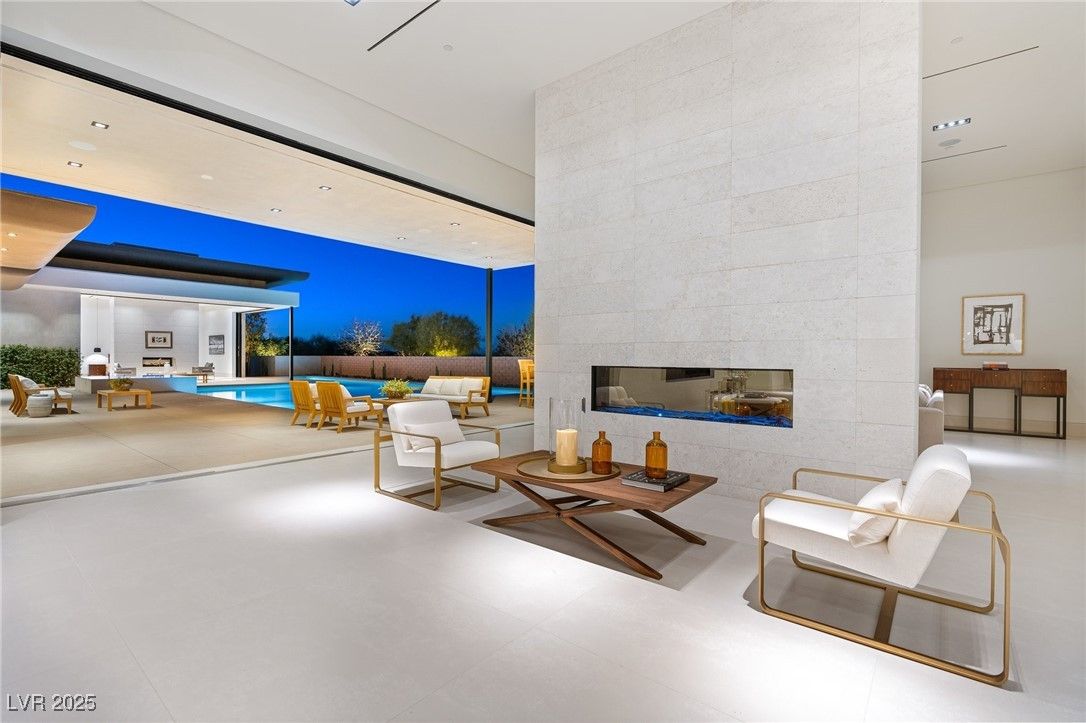 Exterior, Fireplace, Interior, Living room, Pool, Recessed Lighting, Stone Walls