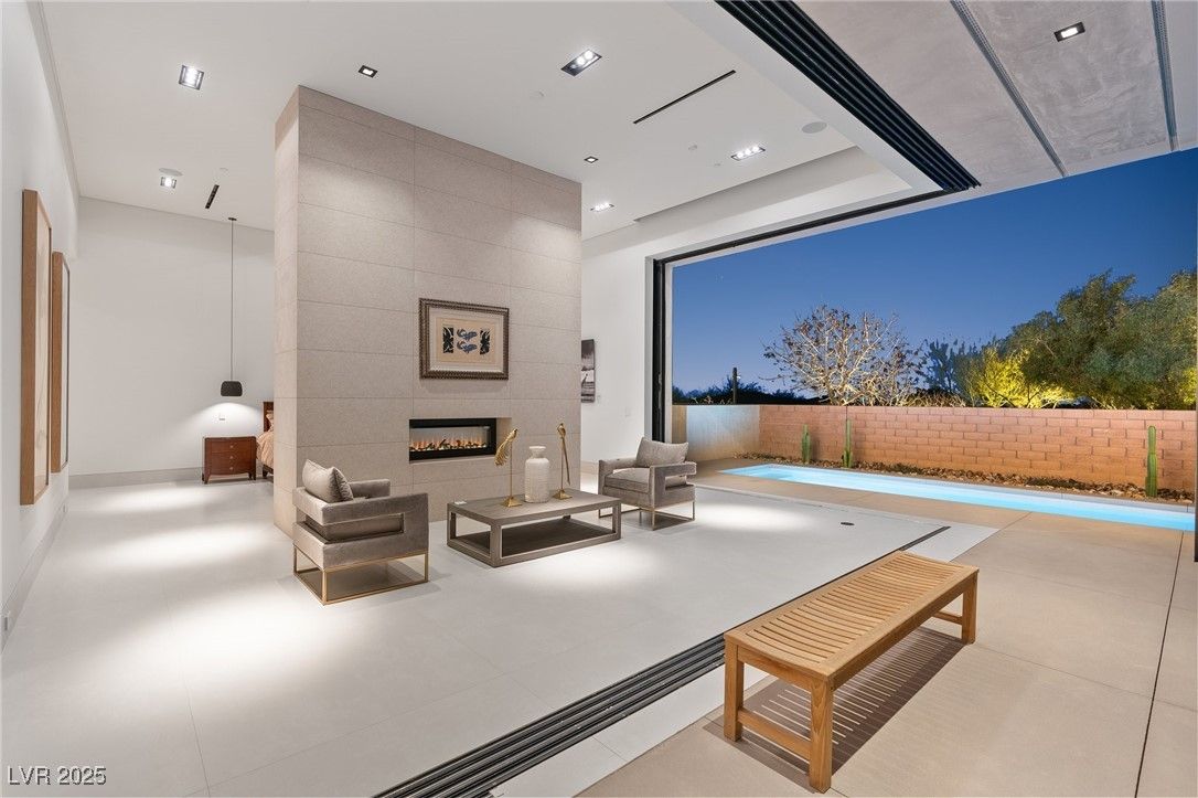 Fireplace, Interior, Living room, Pool, Recessed Lighting