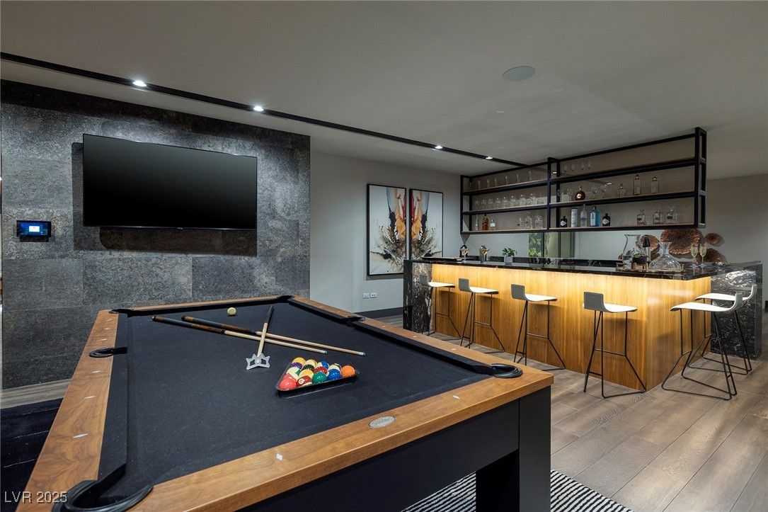 Billiard Table, Game Room, Interior, Recessed Lighting, Wood Texture Flooring