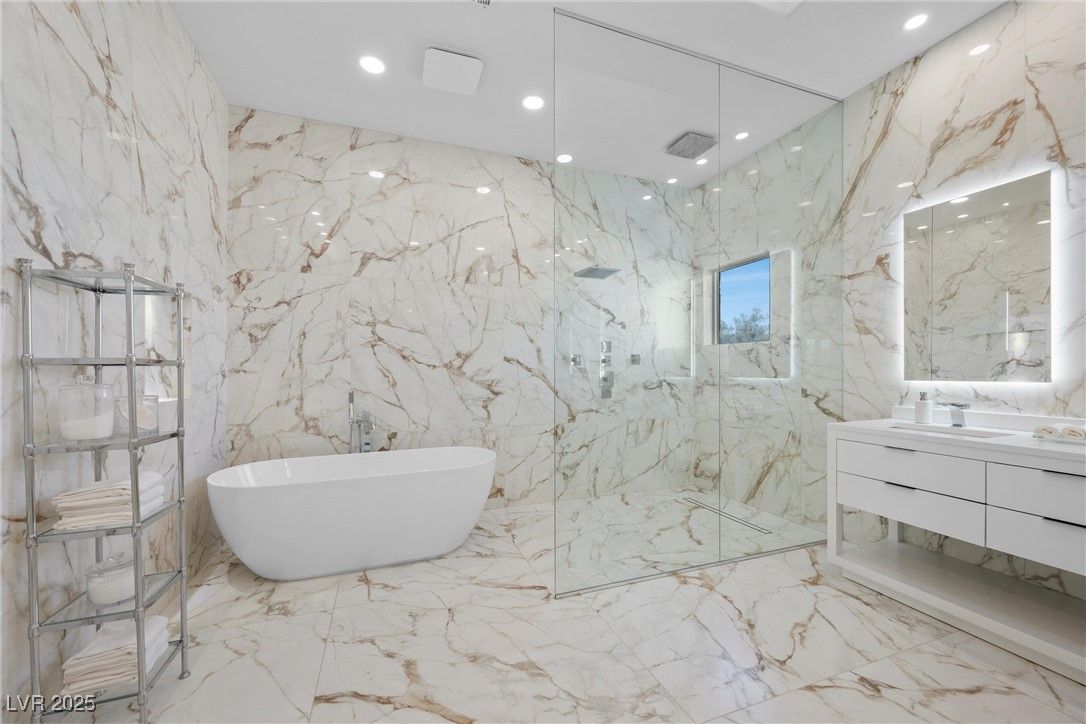 Bathroom, Free Standing Baths, Glass Shower, Interior, Marble, Marble Walls, Recessed Lighting