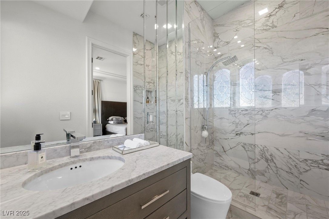 Bathroom, Glass Shower, Interior, Marble, Marble Walls, Recessed Lighting