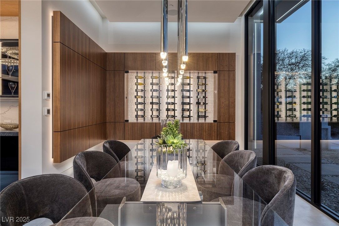 Dining room, Interior, Pendant Lights, Wine Storage, Wooden Walls