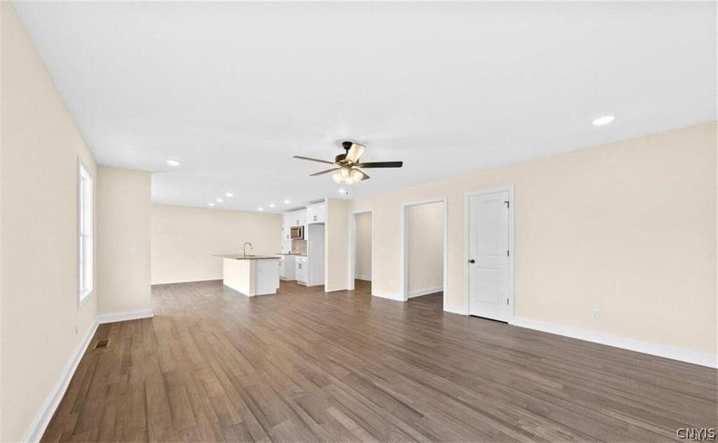 Empty room, Interior, Kitchen, Recessed Lighting, Wood Texture Flooring