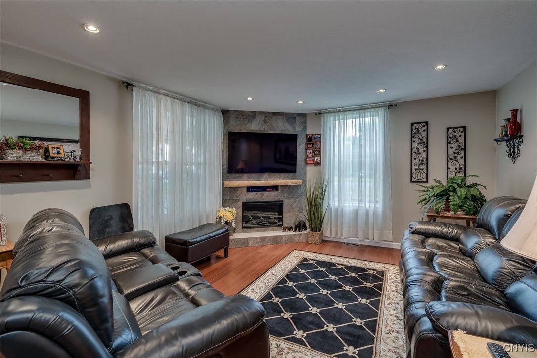 Home Theatre Room, Fireplace, Interior, Living room, Recessed Lighting, Wood Texture Flooring