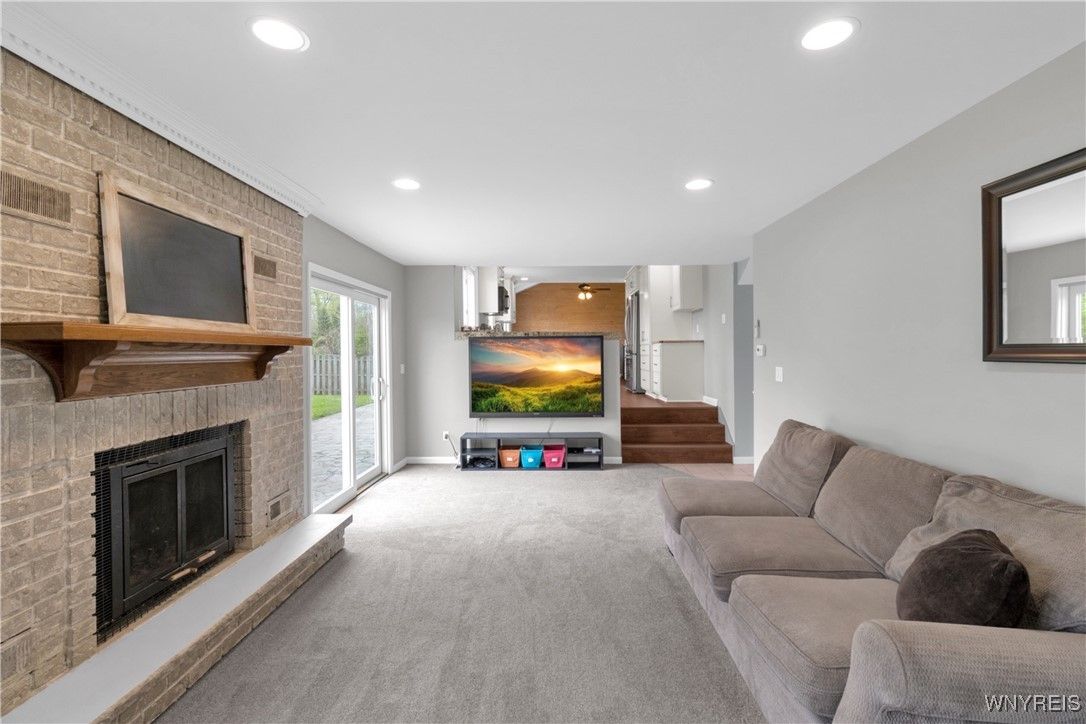 Fireplace, Interior, Living room, Recessed Lighting, Stone Walls