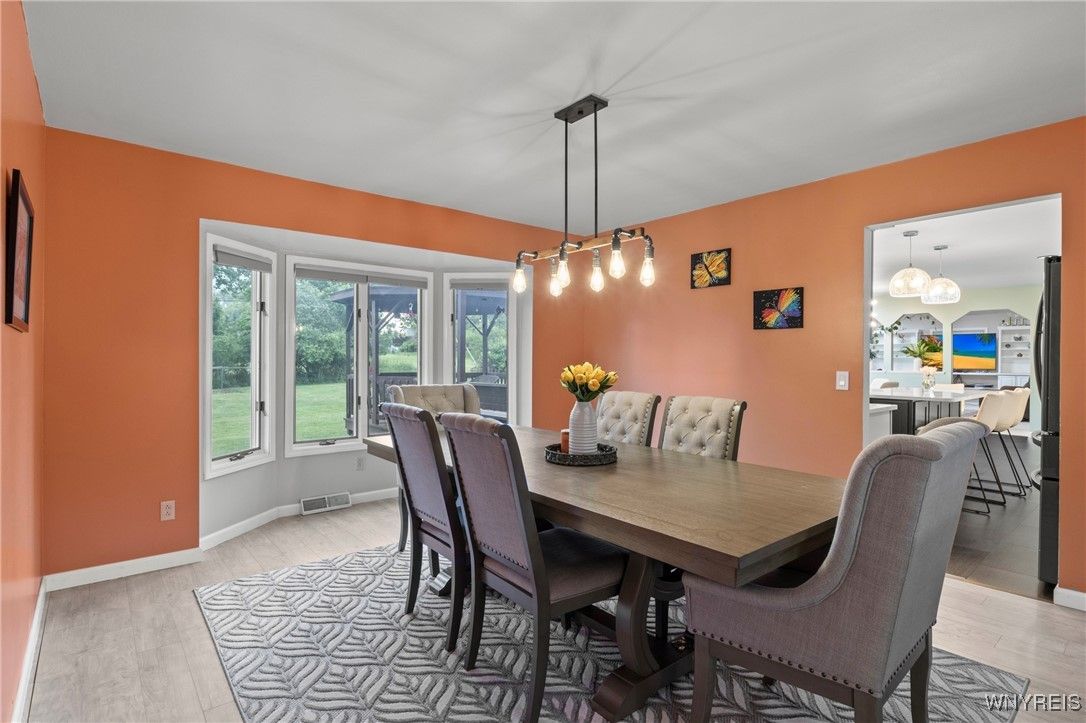 Dining room, Interior, Pendant Lights, Wood Texture Flooring
