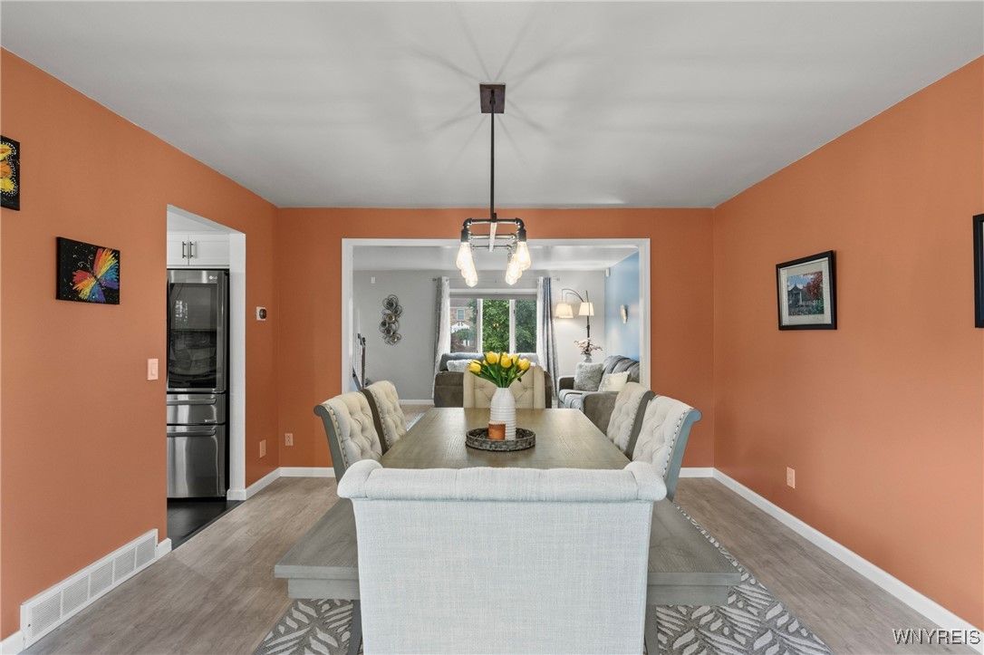 Dining room, Interior, Pendant Lights, Stainless Steel Appliances, Wood Texture Flooring