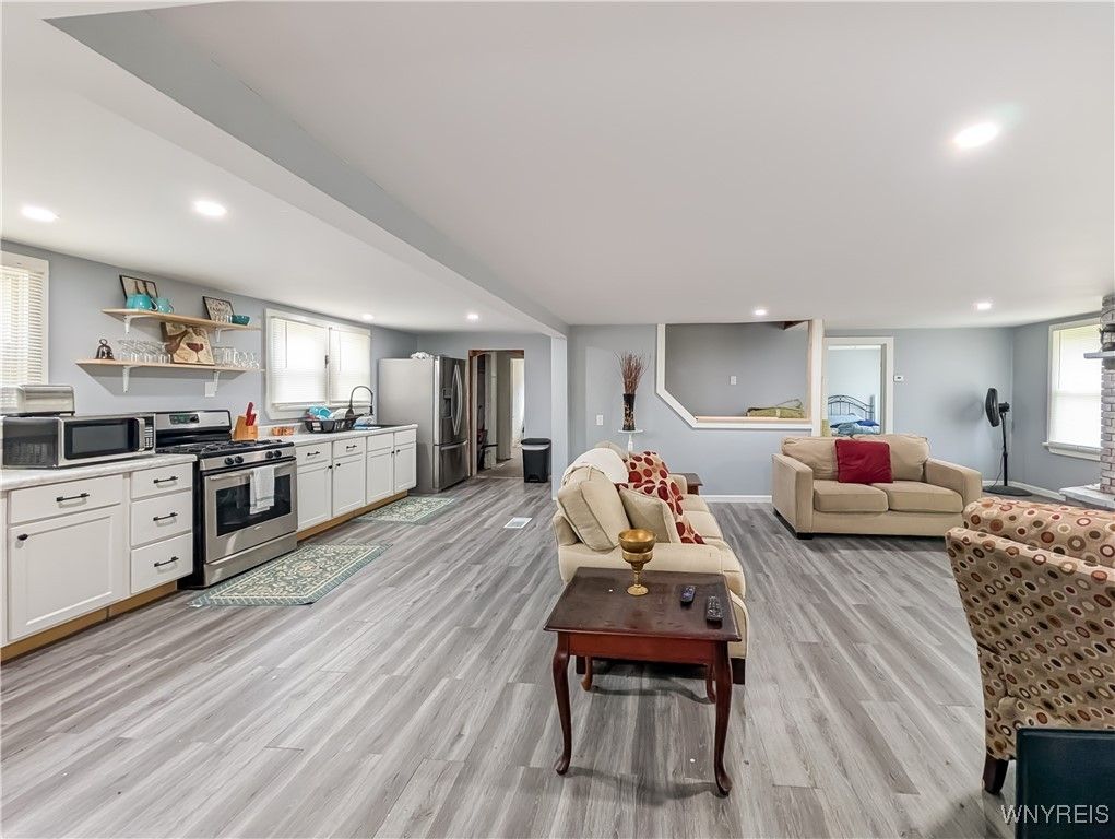 Interior, Kitchen, Living room, Recessed Lighting, Stainless Steel Appliances, Wood Texture Flooring
