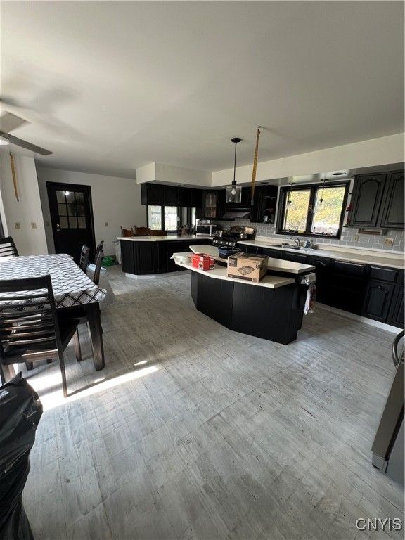 Dining room, Interior, Kitchen, Living room, Pendant Lights, Wood Texture Flooring
