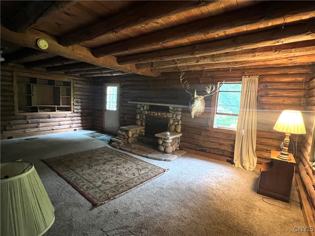 Empty room, Fireplace, Interior, Wooden Beams, Wooden Ceilings, Wooden Walls