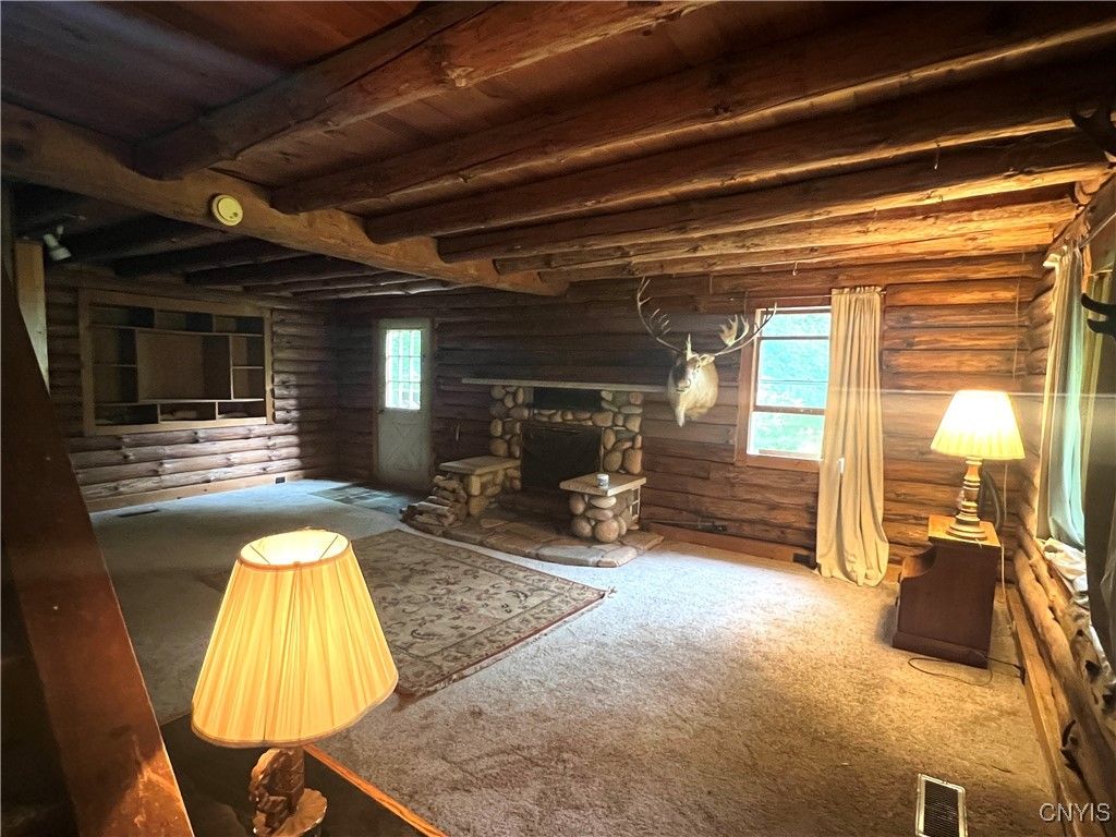 Empty room, Fireplace, Interior, Wooden Beams, Wooden Ceilings, Wooden Walls