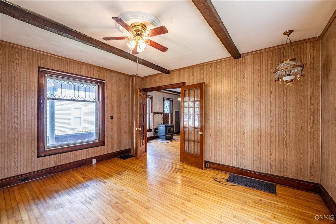 Empty room, Interior, Pendant Lights, Wooden Beams, Wood Texture Flooring, Wooden Walls