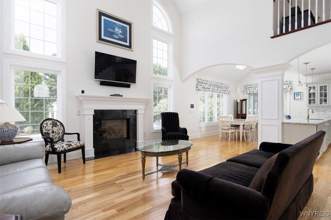 Dining room, Fireplace, Interior, Living room, Pendant Lights, Wood Texture Flooring