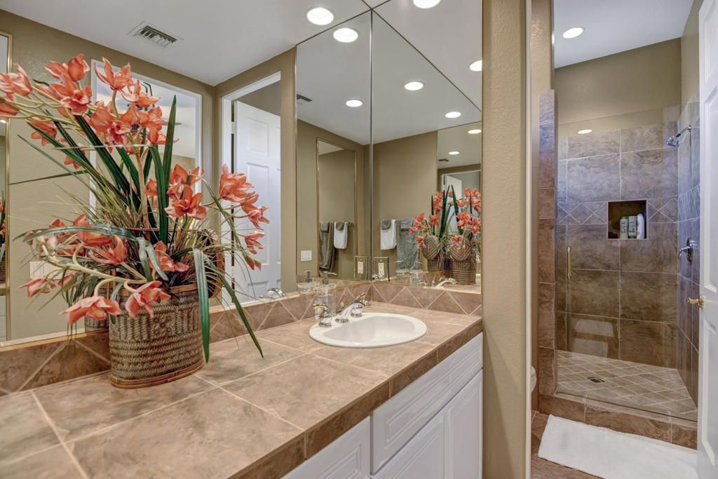 Bathroom, Glass Shower, Interior, Recessed Lighting, Tile Countertops