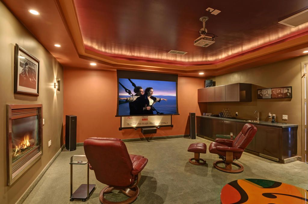 Fireplace, Interior, Projection Screen, Recessed Lighting, Theatre Room