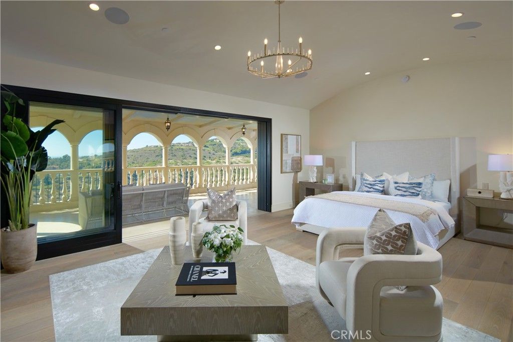 Bedroom, Chandelier, Interior, Pendant Lights, Recessed Lighting, Wood Texture Flooring