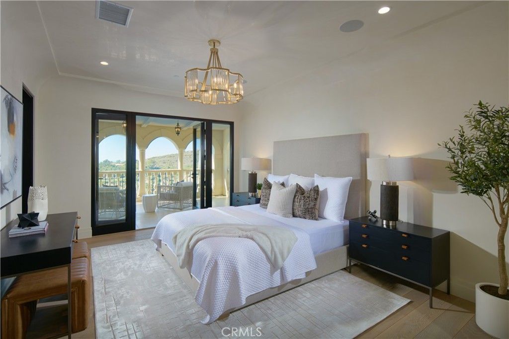 Bedroom, Chandelier, Interior, Recessed Lighting, Wood Texture Flooring