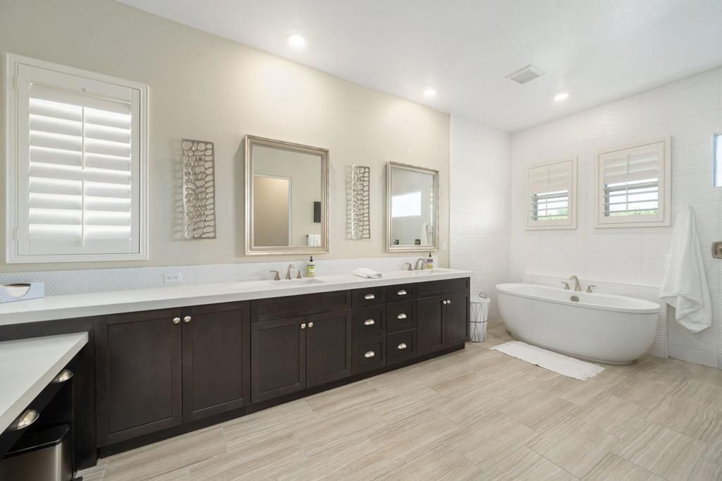 Bathroom, Dual Sink Vanities, Free Standing Baths, Interior, Recessed Lighting, Wood Texture Flooring
