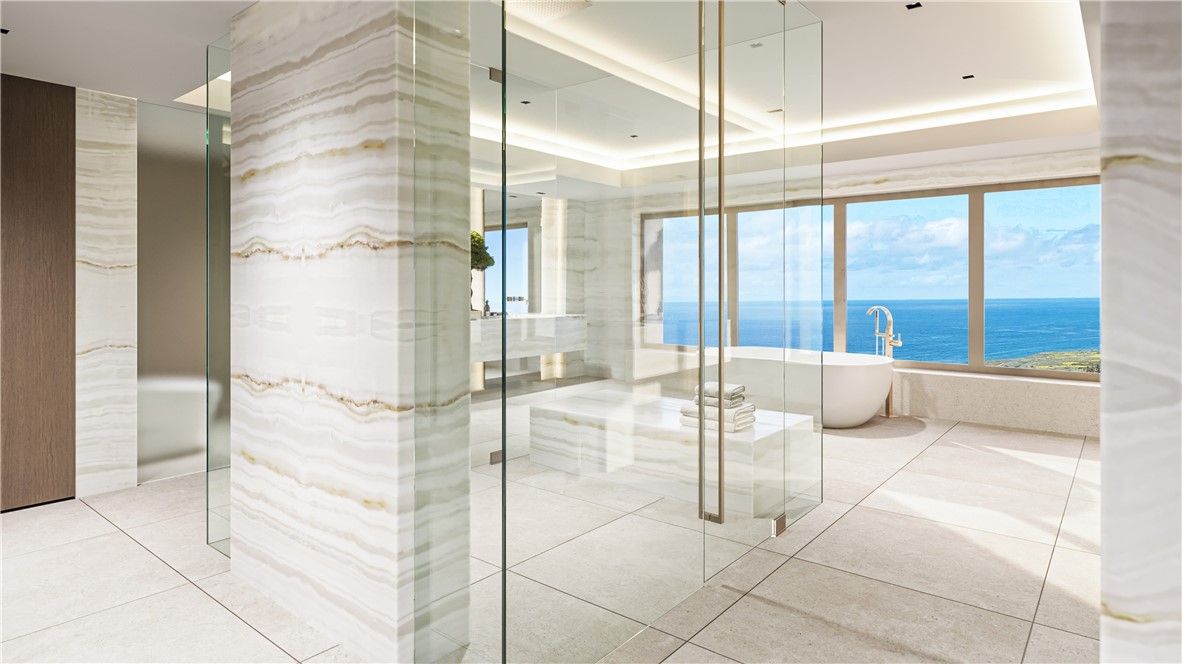 Bathroom, Free Standing Baths, Glass Shower, Interior, Recessed Lighting, Water