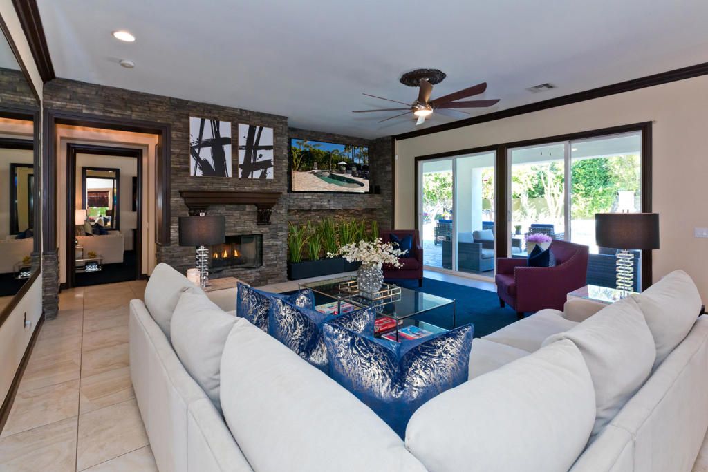Fireplace, Interior, Living room, Recessed Lighting, Stone Walls