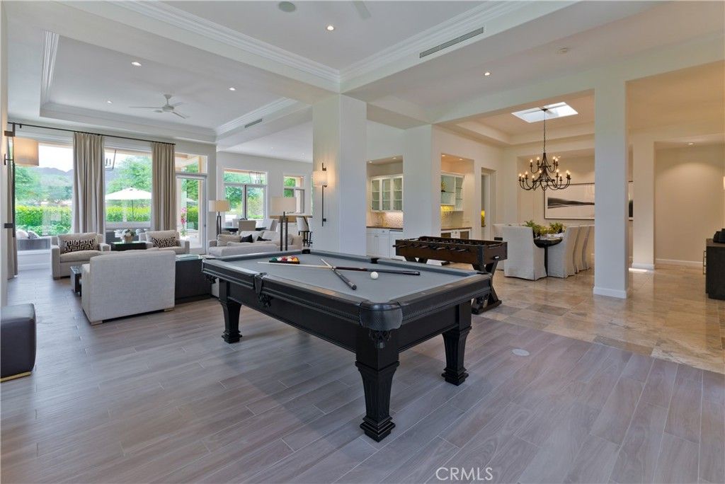 Billiard Table, Chandelier, Game Room, Interior, Living room, Recessed Lighting, Wood Texture Flooring
