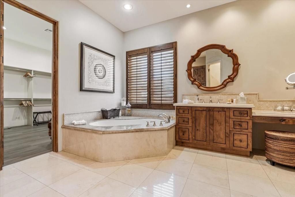 Bathroom, Dual Sink Vanities, Interior, Recessed Lighting, Wood Texture Flooring