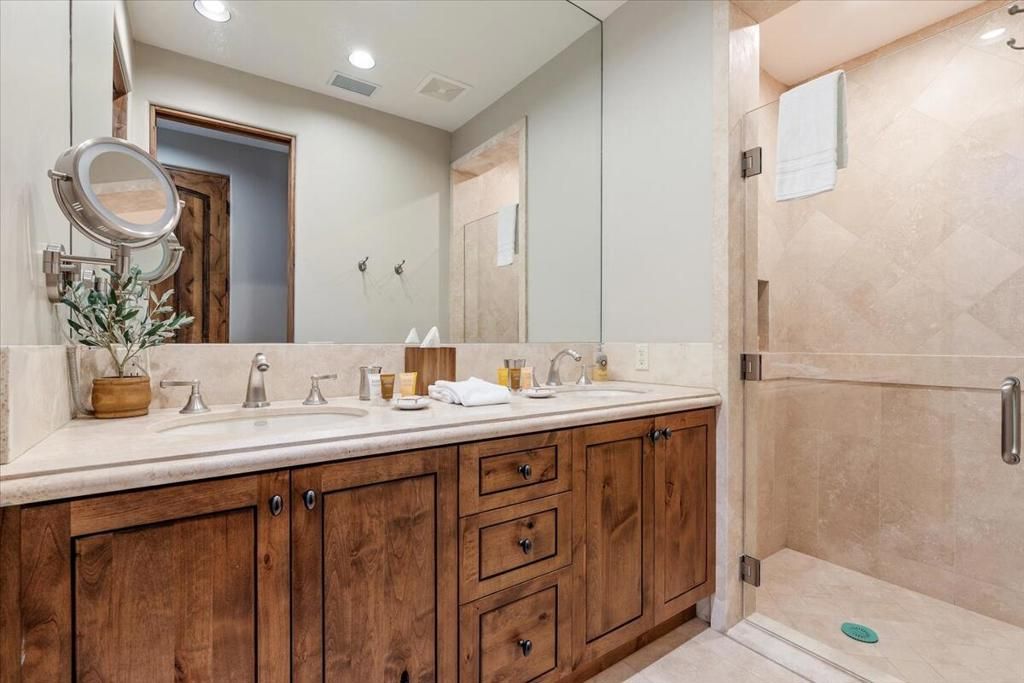 Bathroom, Dual Sink Vanities, Glass Shower, Interior, Recessed Lighting