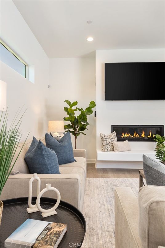Fireplace, Interior, Living room, Recessed Lighting, Wood Texture Flooring