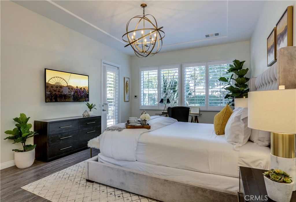 Bedroom, Chandelier, Interior, Pendant Lights, Wood Texture Flooring