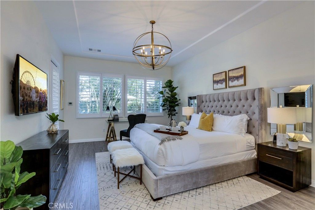 Bedroom, Chandelier, Interior, Wood Texture Flooring