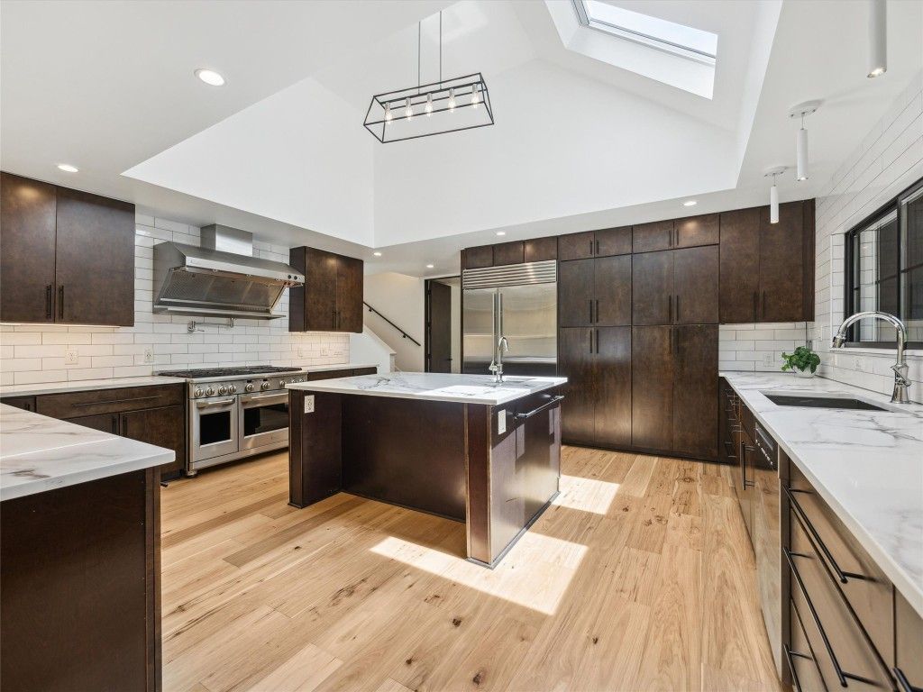 Interior, Kitchen, Pendant Lights, Recessed Lighting, Stainless Steel Appliances, Wood Texture Flooring