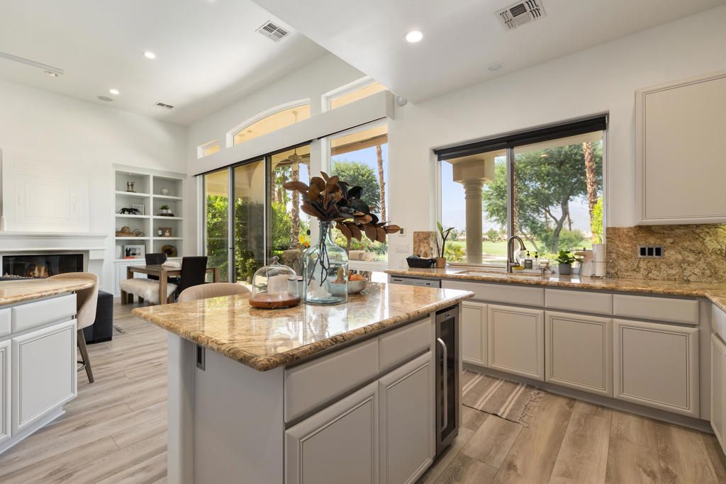Fireplace, Interior, Kitchen, Recessed Lighting, Wood Texture Flooring