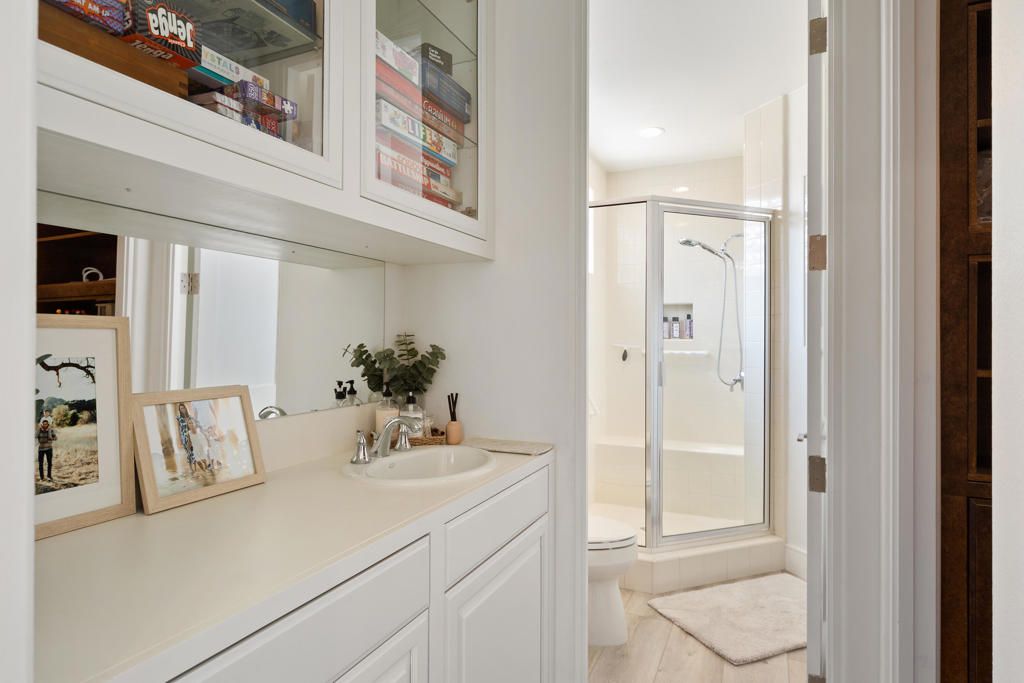 Bathroom, Glass Shower, Interior, Recessed Lighting, Wood Texture Flooring