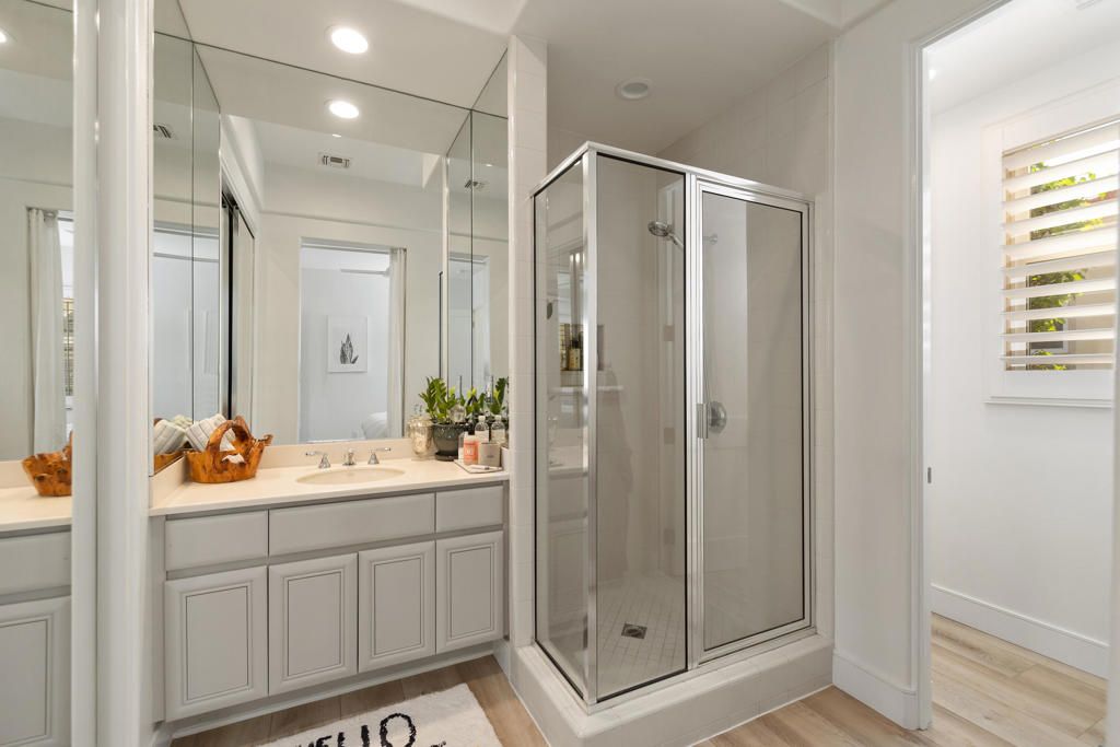 Bathroom, Glass Shower, Interior, Recessed Lighting, Wood Texture Flooring