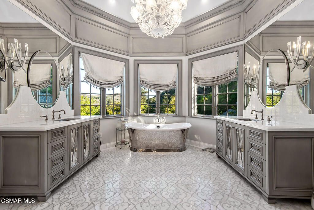 Bathroom, Chandelier, Dual Sink Vanities, Free Standing Baths, Interior, Recessed Lighting