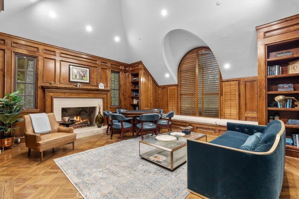 Dining room, Fireplace, Interior, Living room, Recessed Lighting, Wood Texture Flooring, Wooden Walls