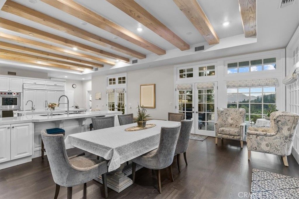 Dining room, Interior, Kitchen, Recessed Lighting, Stainless Steel Appliances, Wooden Beams, Wood Texture Flooring