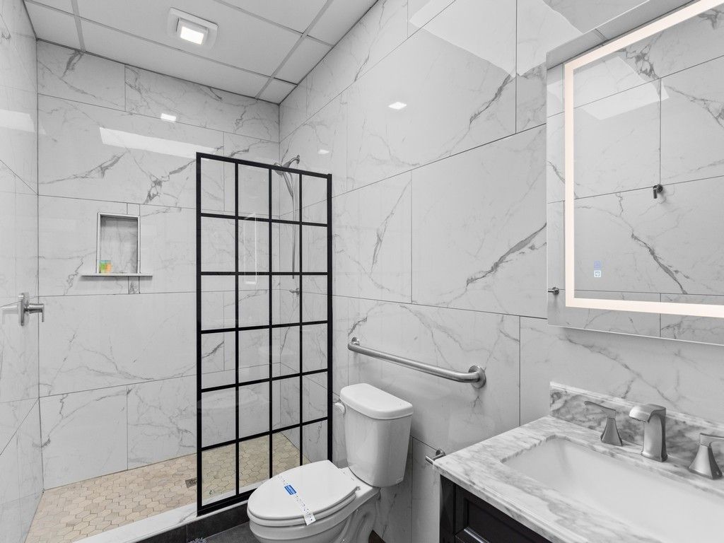 Bathroom, Glass Shower, Interior, Marble Walls, Recessed Lighting