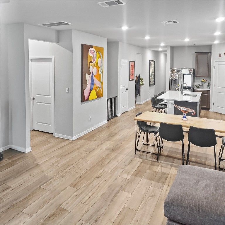 Dining room, Interior, Kitchen, Recessed Lighting, Wood Texture Flooring