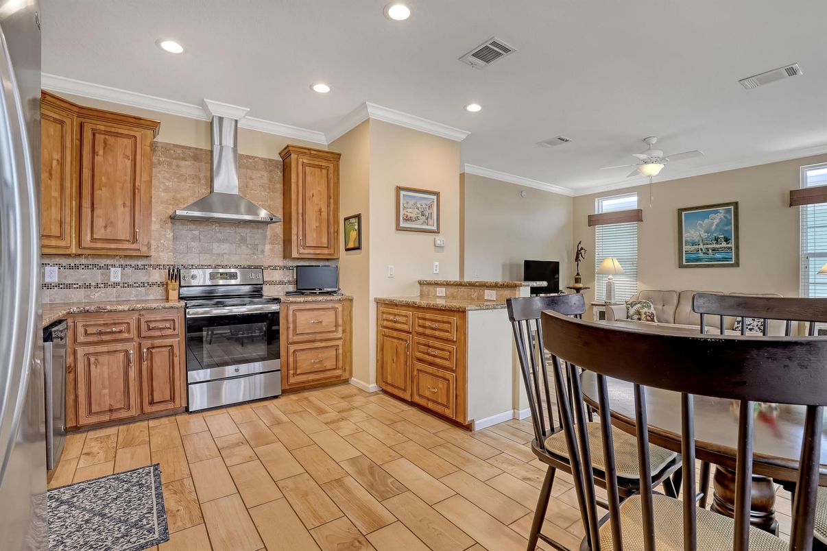 Interior, Kitchen, Recessed Lighting, Stainless Steel Appliances, Wood Texture Flooring