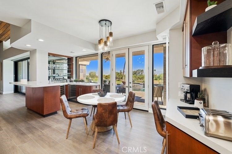 Dining room, Interior, Kitchen, Pendant Lights, Recessed Lighting, Wood Texture Flooring