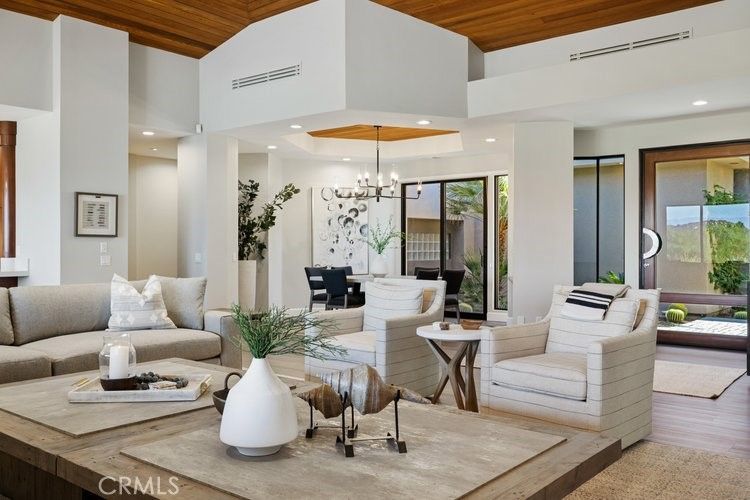 Dining room, Interior, Living room, Pendant Lights, Recessed Lighting, Wooden Ceilings, Wood Texture Flooring