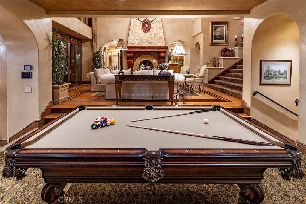 Billiard Table, Fireplace, Game Room, Interior, Wood Texture Flooring