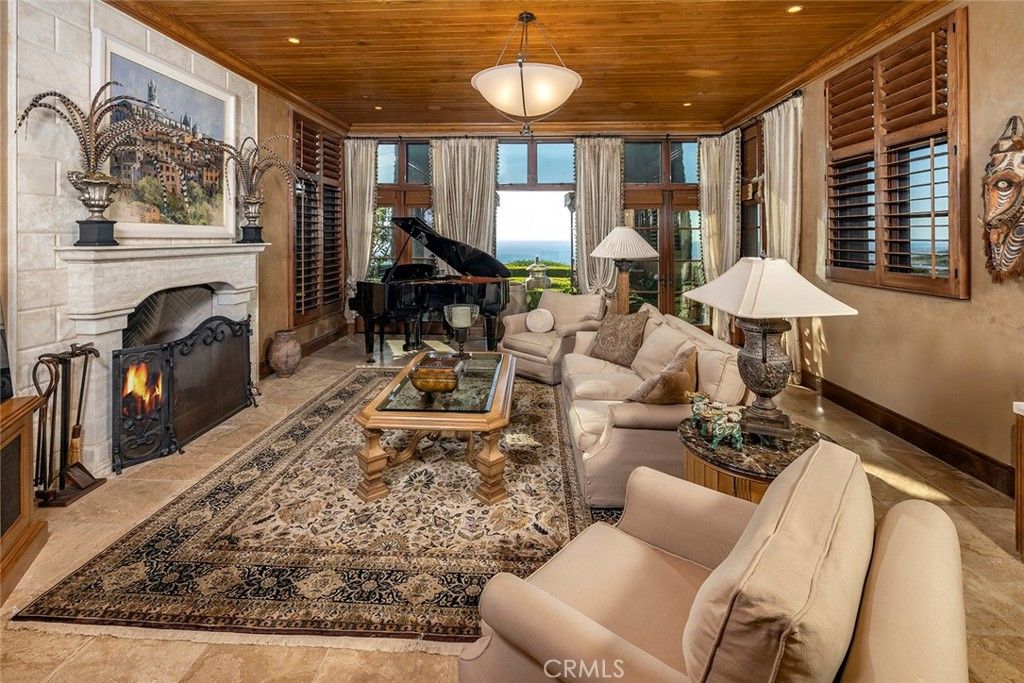 Fireplace, Interior, Living room, Pendant Lights, Piano, Recessed Lighting, Wooden Ceilings