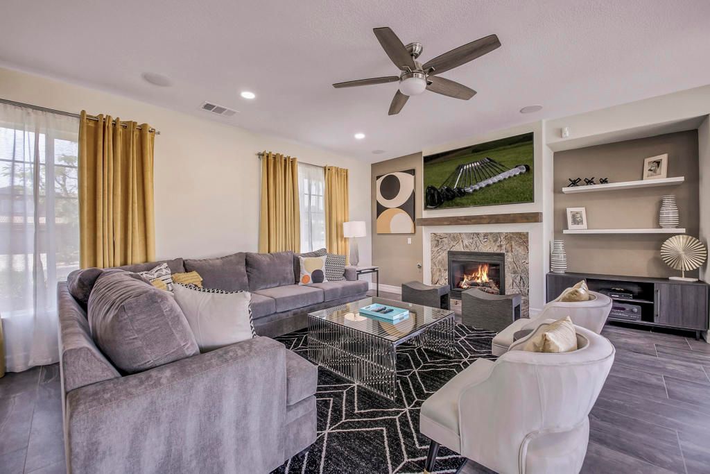 Fireplace, Interior, Living room, Recessed Lighting, Wood Texture Flooring