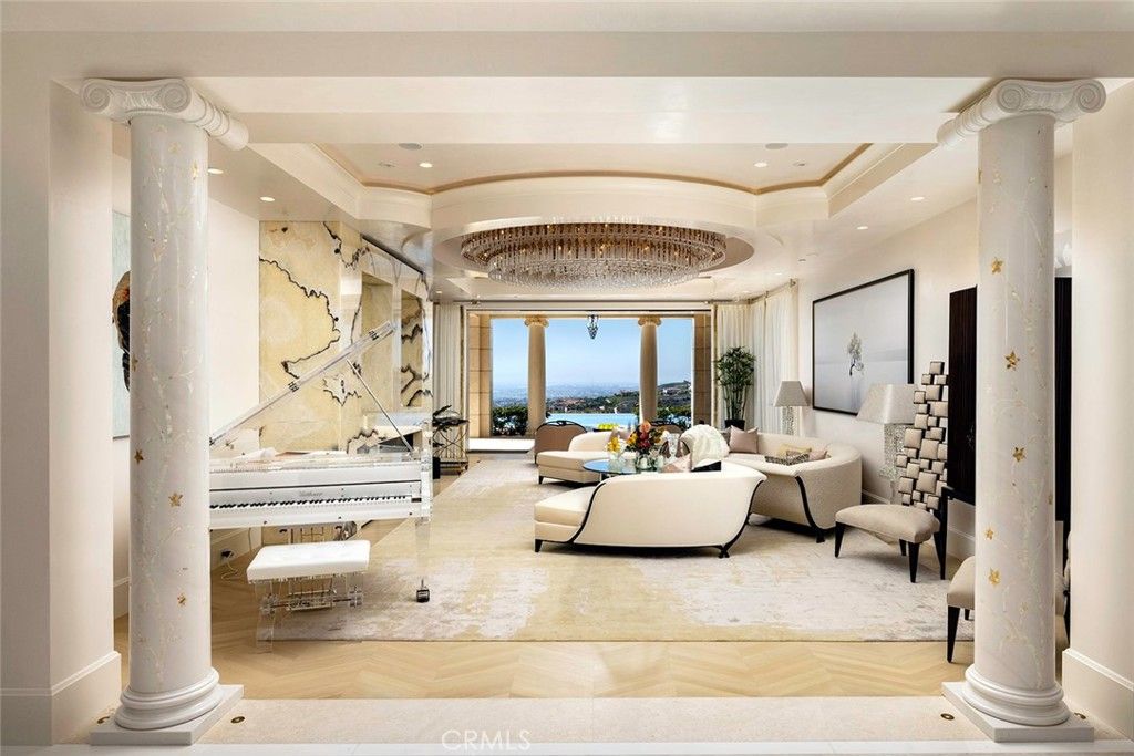 Chandelier, Interior, Living room, Marble Walls, Piano, Recessed Lighting, Water, Wood Texture Flooring