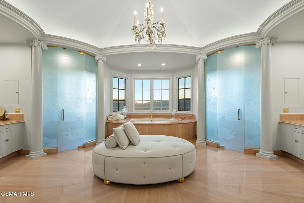 Bathroom, Chandelier, Glass Shower, Interior, Recessed Lighting