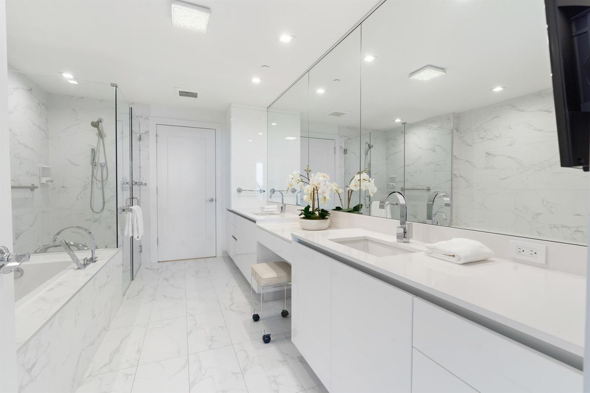 Bathroom, Dual Sink Vanities, Glass Shower, Interior, Marble, Marble Walls, Recessed Lighting